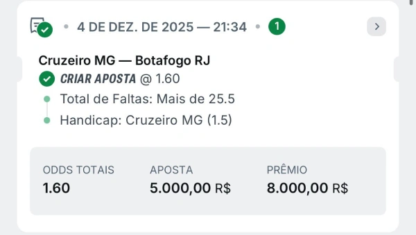 GRUPO VIP BILHETE - ODD 1.60 - CRUZEIRO X BOTAFOGO 1
